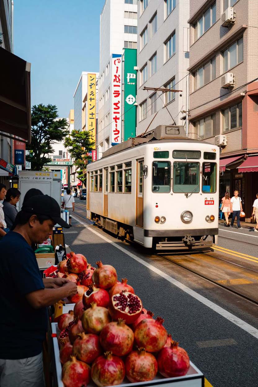 Colorful 1990s Tokyo Street Scene with Tram on Steep Hill and Pearl-White Porcelain in in Tokyo, Japan