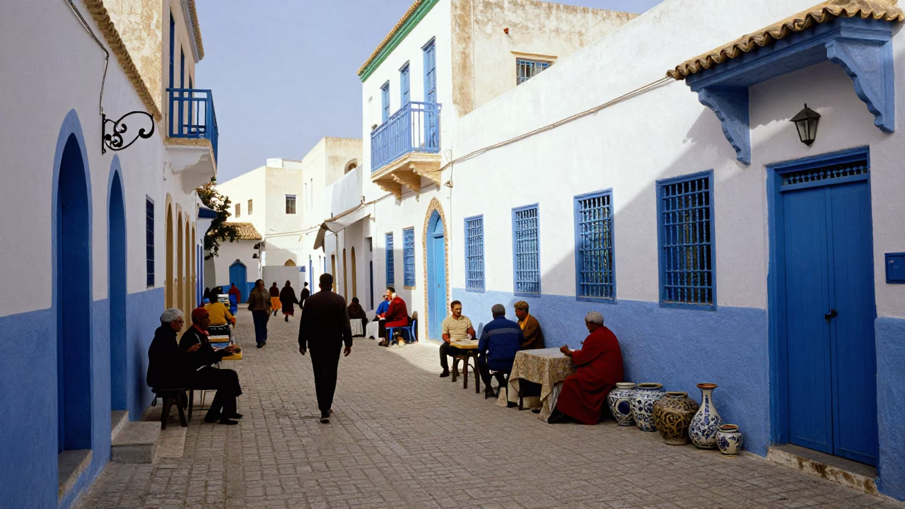 Colorful 1990s Tunis Street Scene with Vintage Pottery Shard and Tailor Shears in in Tunis, Tunisia