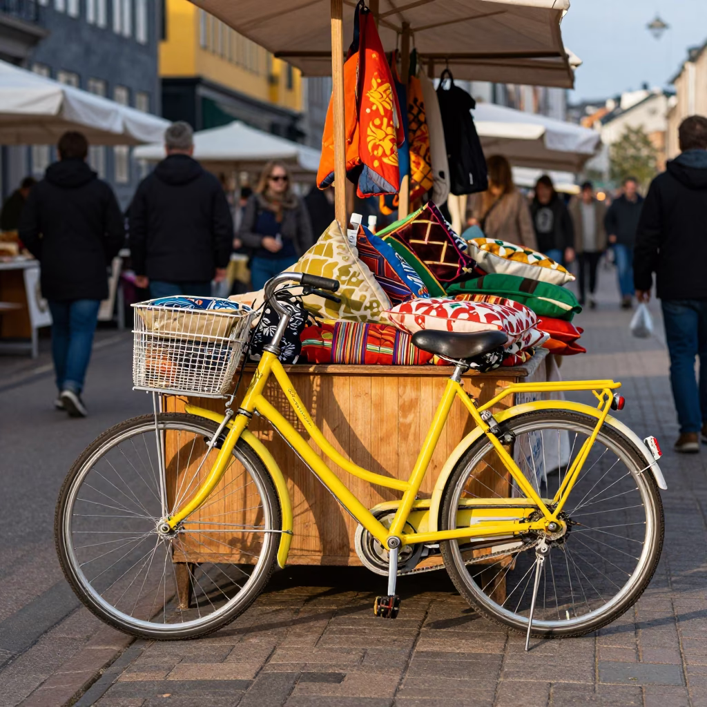 Colorful 2000s Copenhagen Street Scene with Vintage Bicycle and Market Stall in in Copenhagen, Denmark