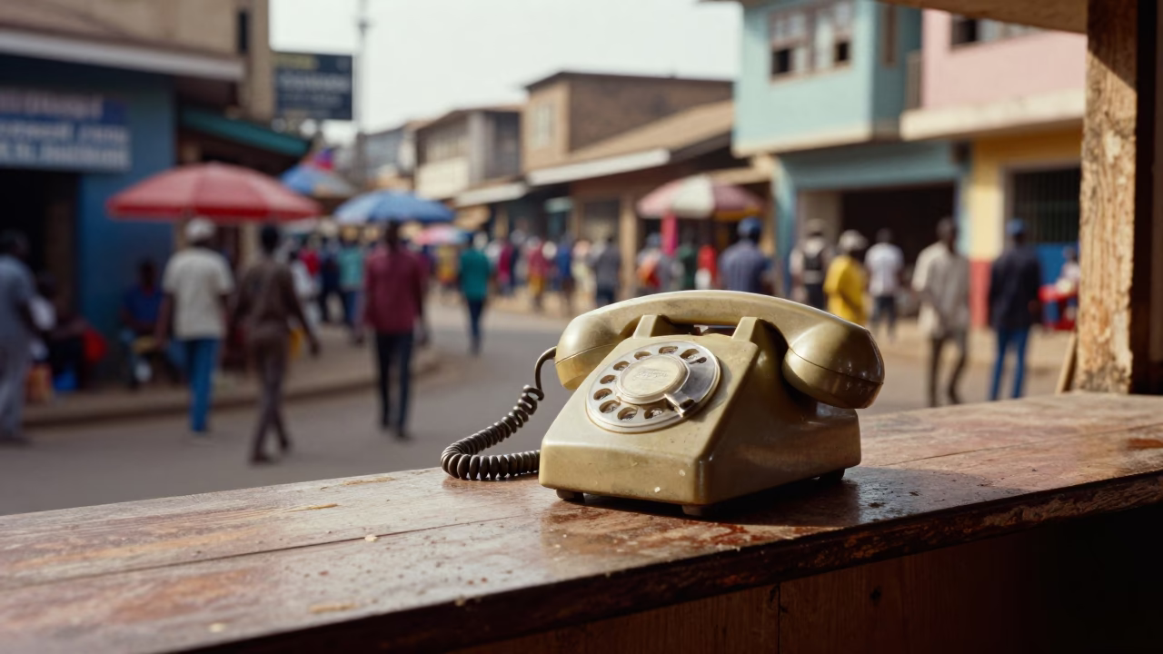 Colorful Accra Street Scene Early Afternoon with Vintage Bakelite Telephone in in Accra, Ghana