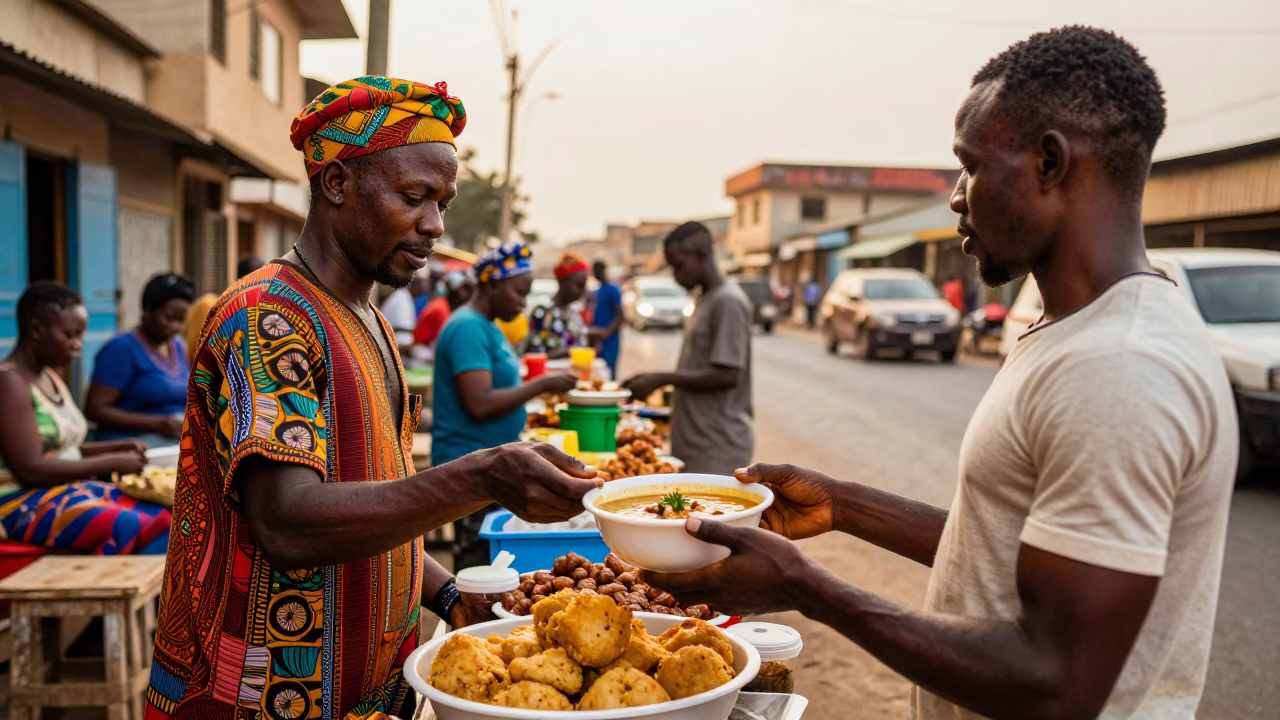 Colorful Accra Street Scene Late Afternoon with West African Groundnut Soup and Fufu in in Accra, Ghana