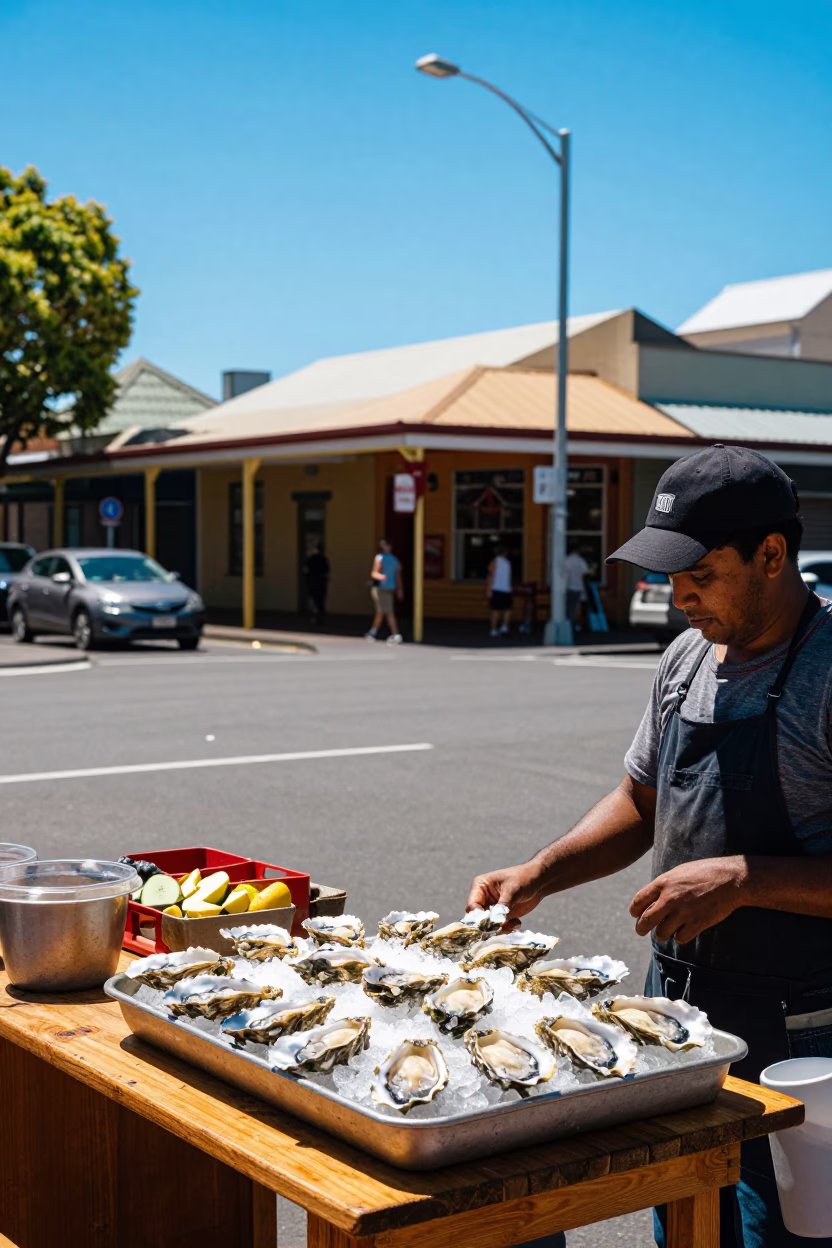 Colorful Adelaide Street Scene Under Noon Sun with Local Market Items in in Adelaide, South Australia, Australia