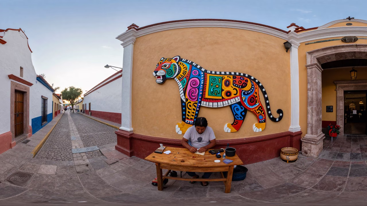 Colorful Alebrijes Carver Painting Wooden Jaguar in Merida Mexico at Dawn First Light in in Merida, Mexico
