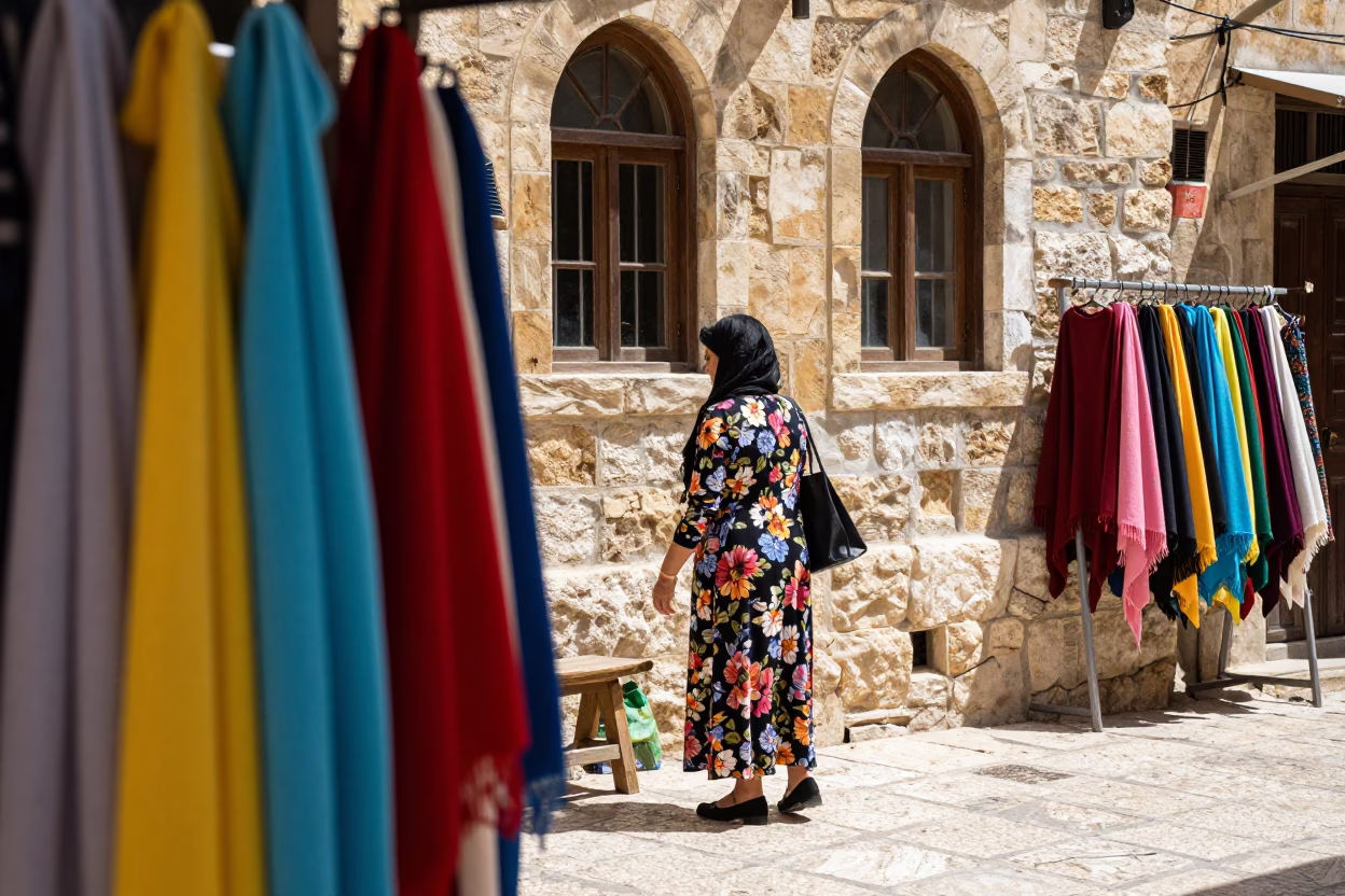 Colorful Amman Street Scene with Wool Scarves and Traditional Architecture in Bright Midmorning Light in in Amman, Jordan