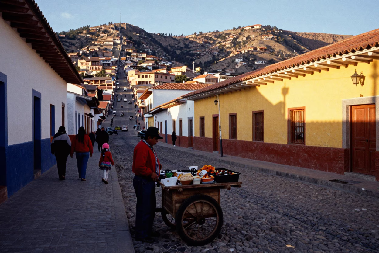 Colorful Andean Street Scene in La Paz Bolivia Late Afternoon with Local Market Activity in in La Paz, Bolivia