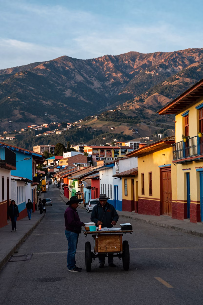 Colorful Andes Mountains Street Scene in Medellin Colombia Early Evening with Local Life in in Medellin, Colombia