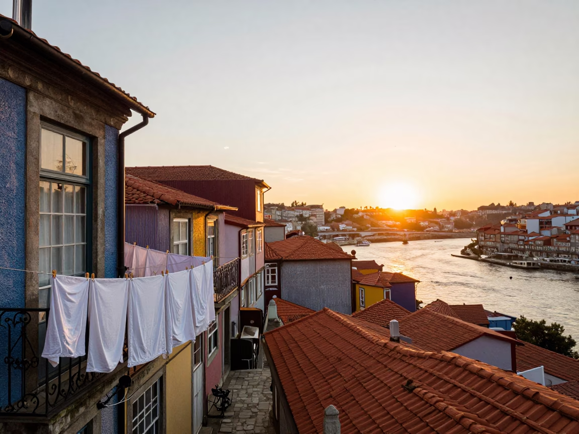 Colorful Architecture And Laundry Lines Along Douro River in Porto in in Porto, Portugal