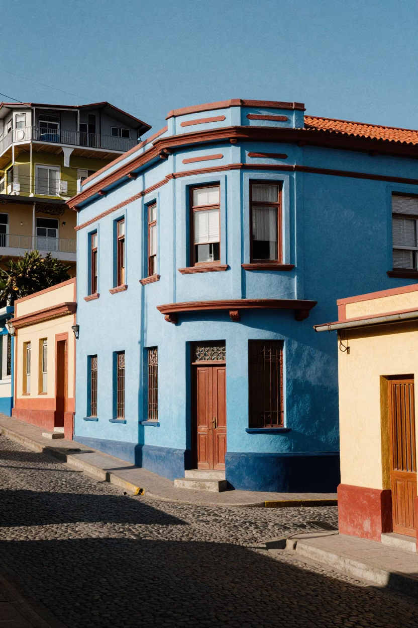 Colorful Art Deco Facade and Coastal Street Scene in Valparaiso Chile Late Morning in in Valparaiso, Chile