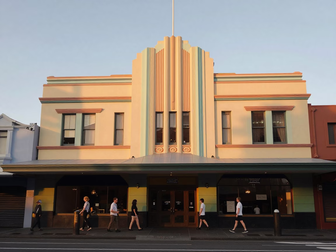Colorful Art Deco Hotel Facade in Adelaide Late Afternoon Street Scene in in Adelaide, South Australia, Australia