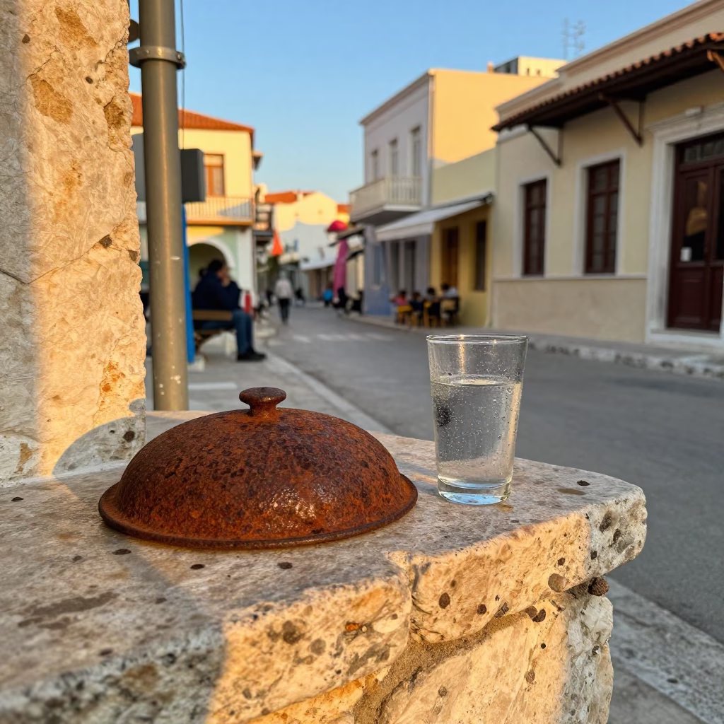 Colorful Athens Street Scene with Rusty Pot Lid and Condensation in Honeyed Evening Light in in Athens, Greece