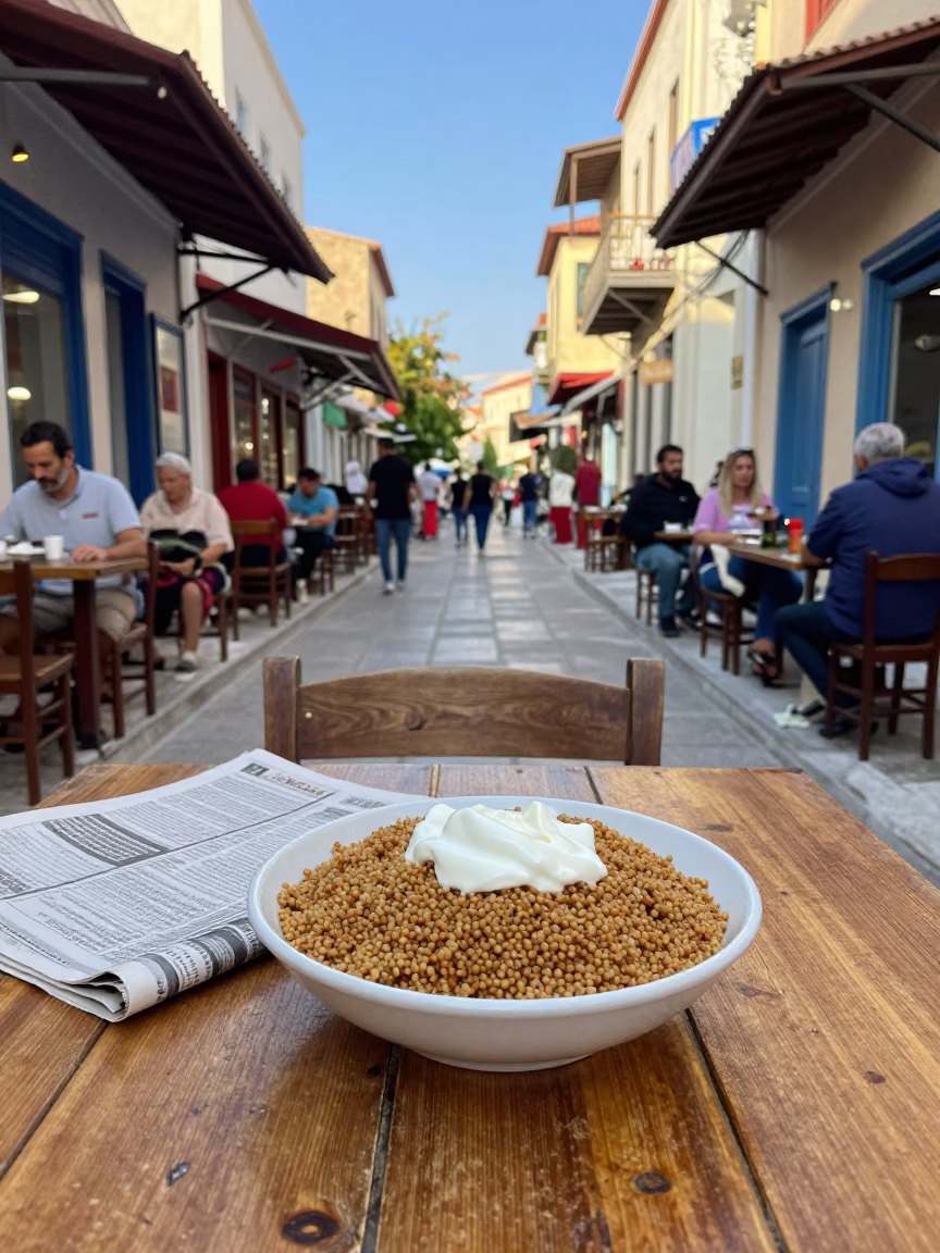 Colorful Athens Street Scene with Traditional Fatteh Bowl and Local Interaction in in Athens, Greece