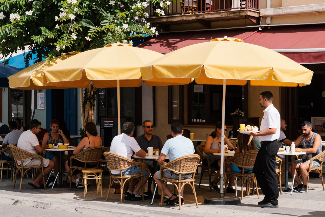Colorful Athens Street Scene with Umbrellas and Local Life in Bright Midmorning Light in in Athens, Greece