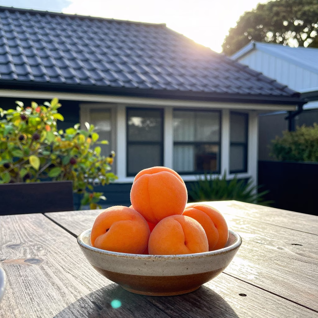 Colorful Auckland Breakfast Scene with Apricots and Japanese Bobtail Cat After Sunrise in in Auckland, New Zealand