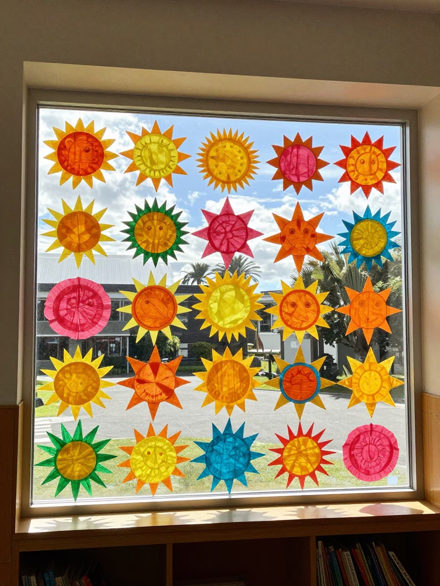 Colorful Auckland Preschool Window Display of Tissue Paper Suns at Midday in in Auckland, New Zealand