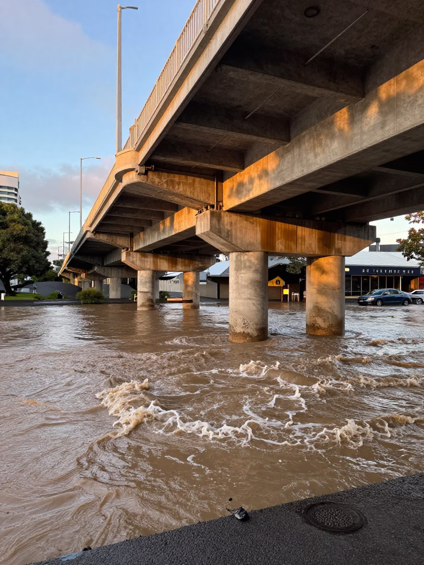 Colorful Auckland Street Scene with Bridge Pier and Muddy Water in Honeyed Evening Light in in Auckland, New Zealand