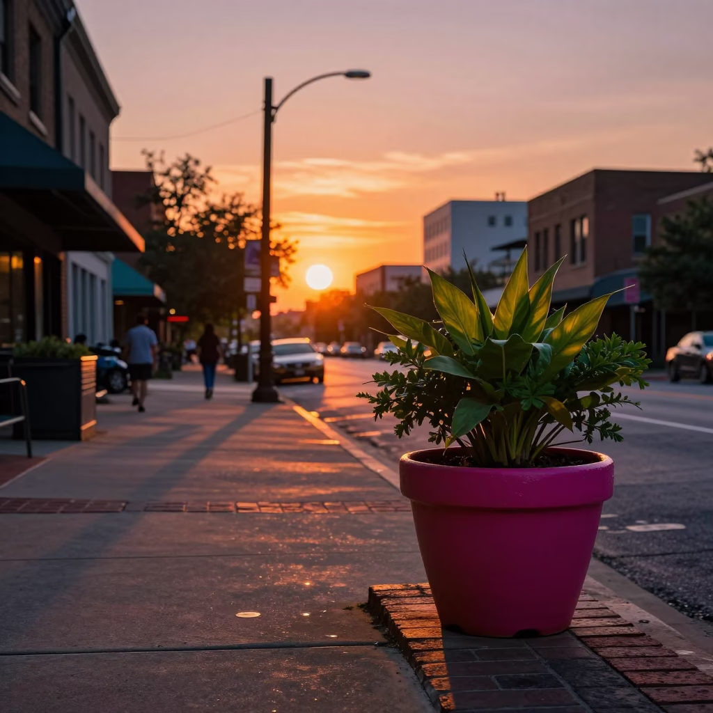 Colorful Austin Texas Sunset Street Scene with Plant Pot and Urban Details in in Austin, Texas, United States