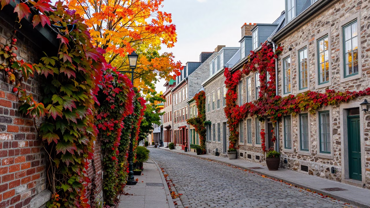 Colorful Autumn Street Scene in Quebec City with Ivy and Historic Architecture in in Quebec City, Quebec, Canada