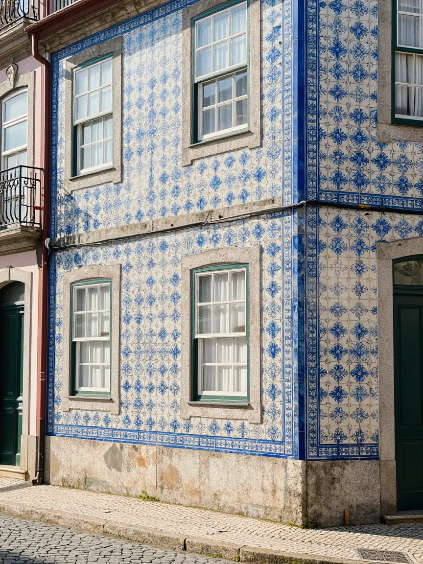 Colorful Azulejo Facade and Cobblestone Street in Porto Portugal Midmorning Light in in Porto, Portugal