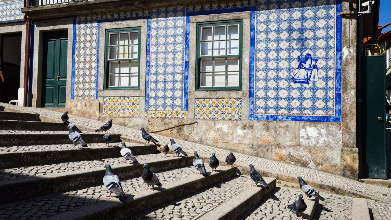 Colorful Azulejo Facade and Pigeons in Porto Portugal Midday Street Scene in in Porto, Portugal
