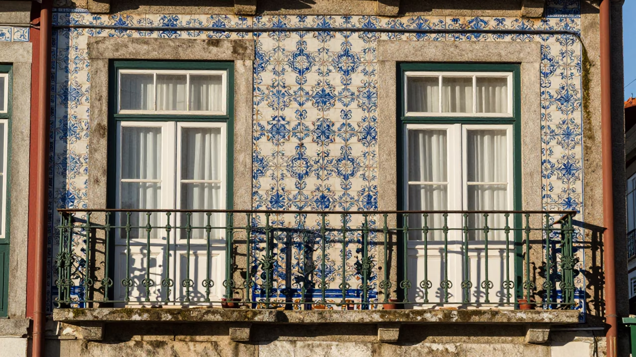 Colorful Azulejo Facade and Railing in Porto Portugal Late Afternoon in in Porto, Portugal