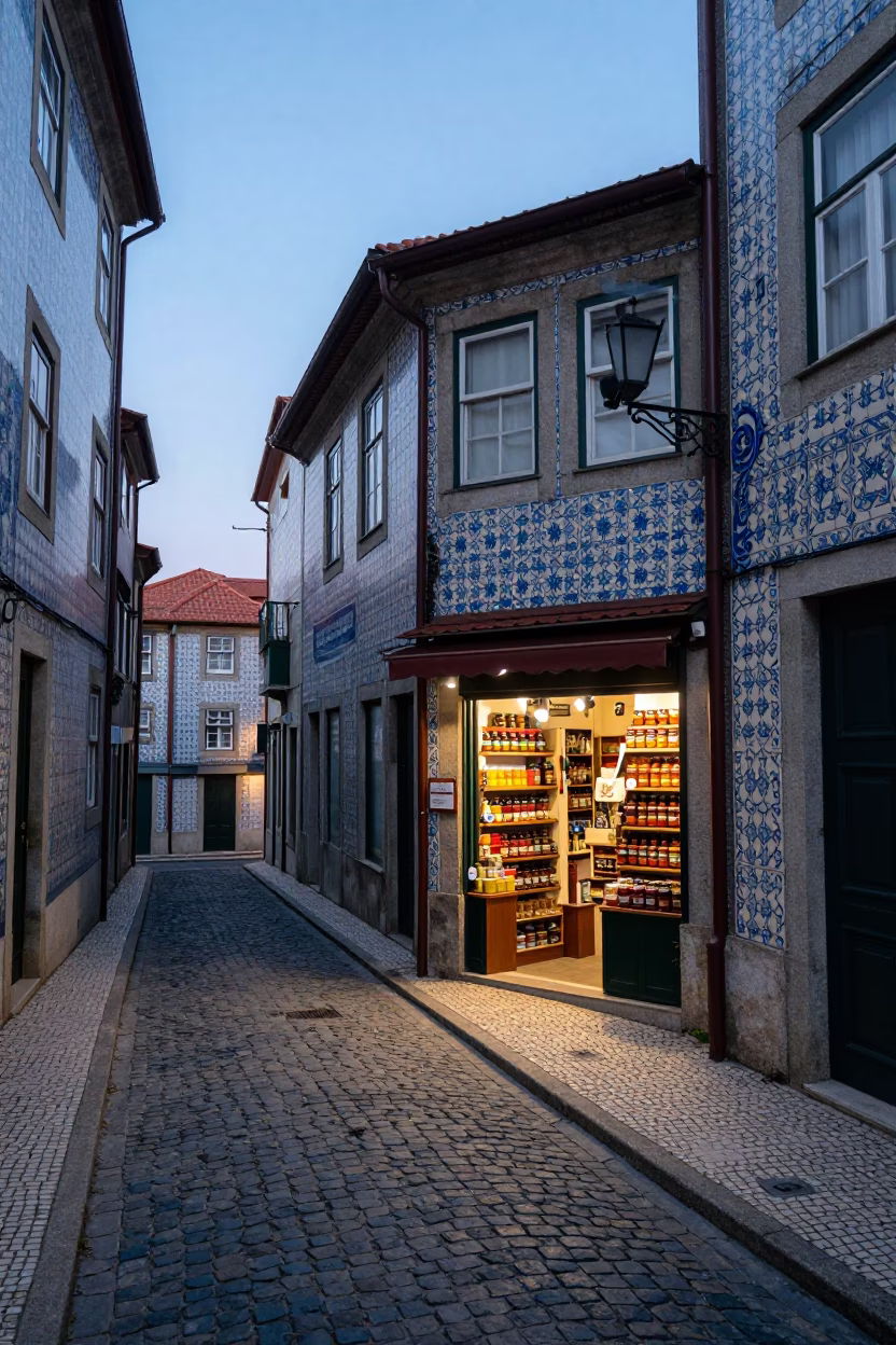 Colorful Azulejo Street Scene in Porto Portugal at Nautical Dawn in in Porto, Portugal