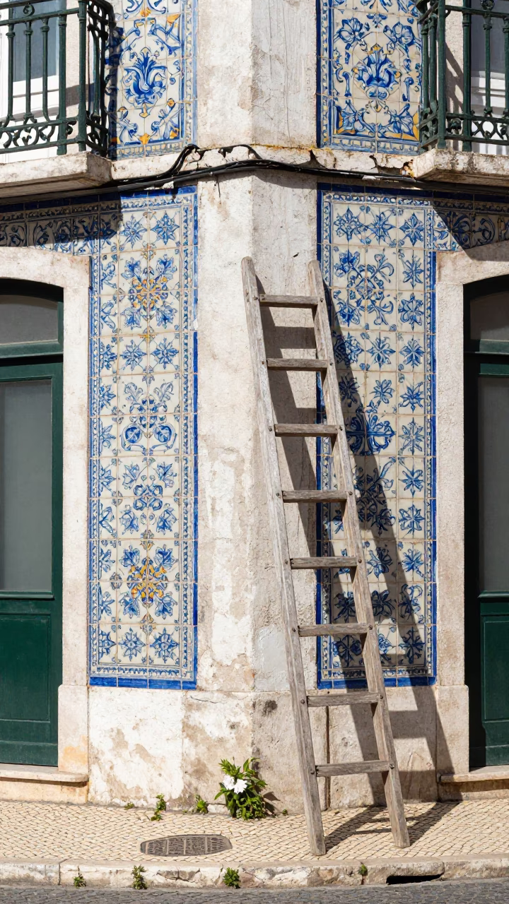 Colorful Azulejo Tile Street Scene in Lisbon Portugal Under Flat Noon Sunlight in in Lisbon, Portugal