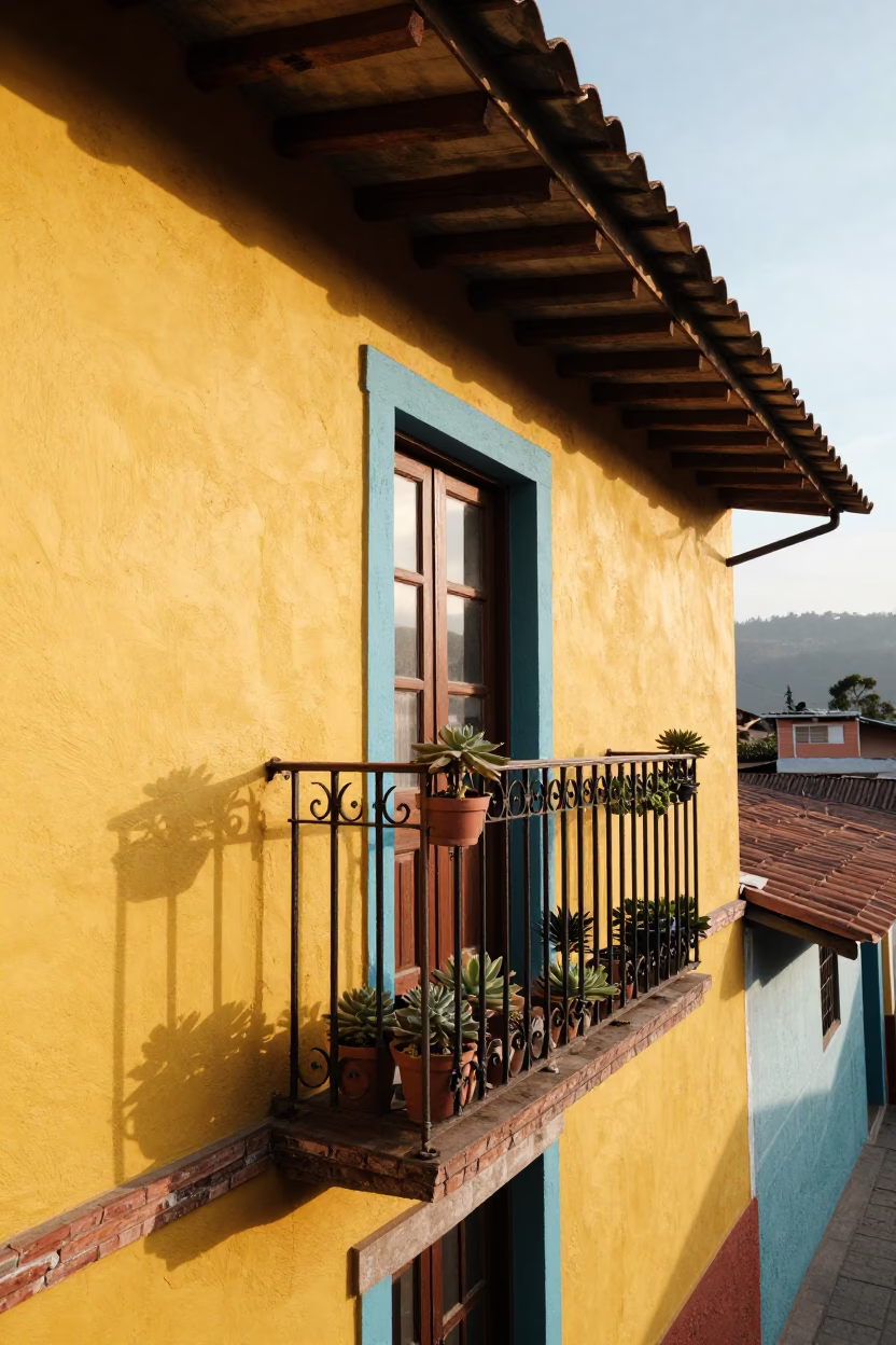 Colorful Balcony in Medellin at As First Light Reaches The Scene in in Medellin, Colombia
