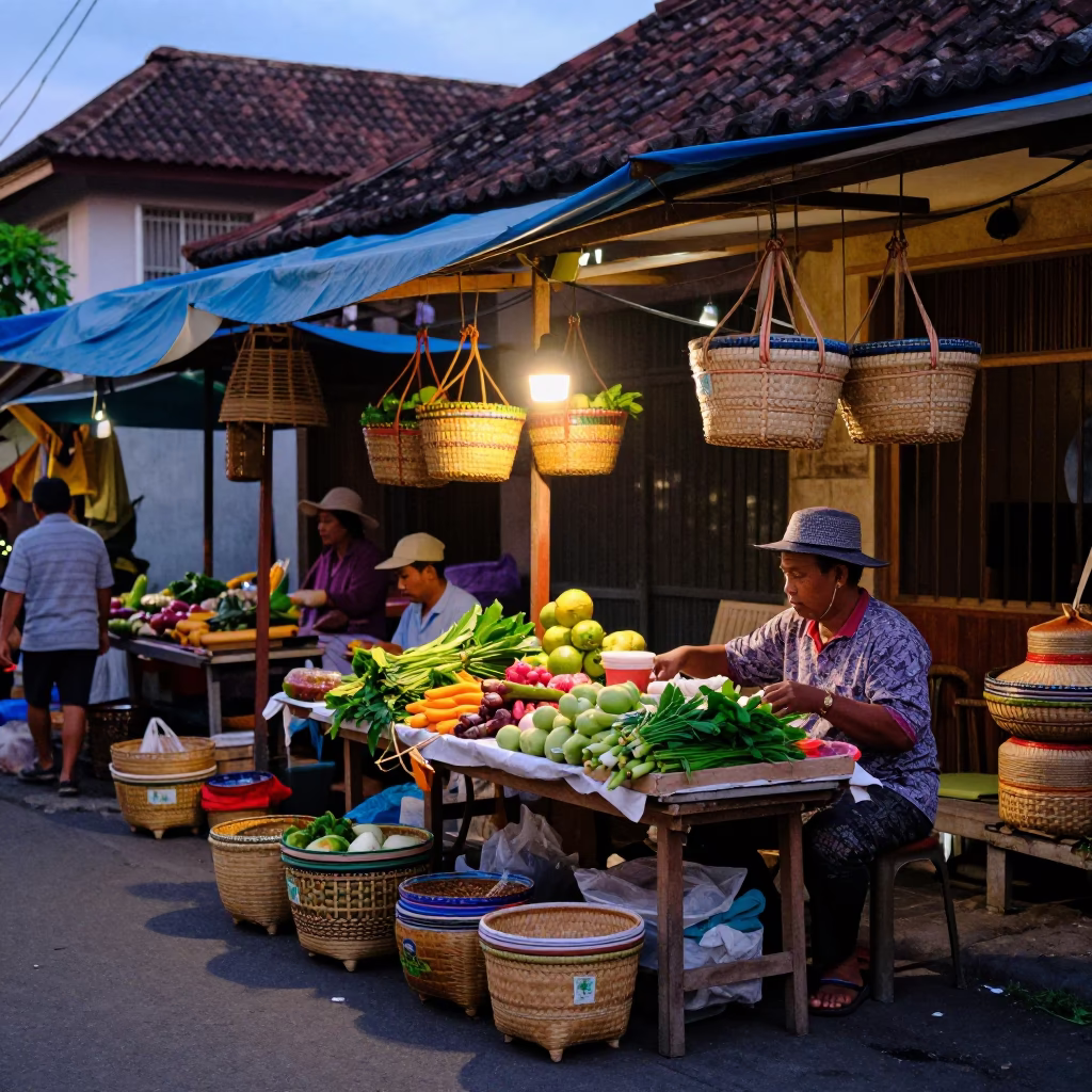 Colorful Balinese Evening Street Scene in Denpasar with Woven Baskets and Local Commerce in in Denpasar, Indonesia
