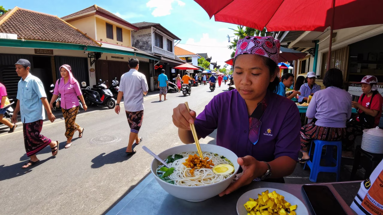 Colorful Balinese Street Scene in Denpasar with Traditional Food and Daily Life in in Denpasar, Indonesia
