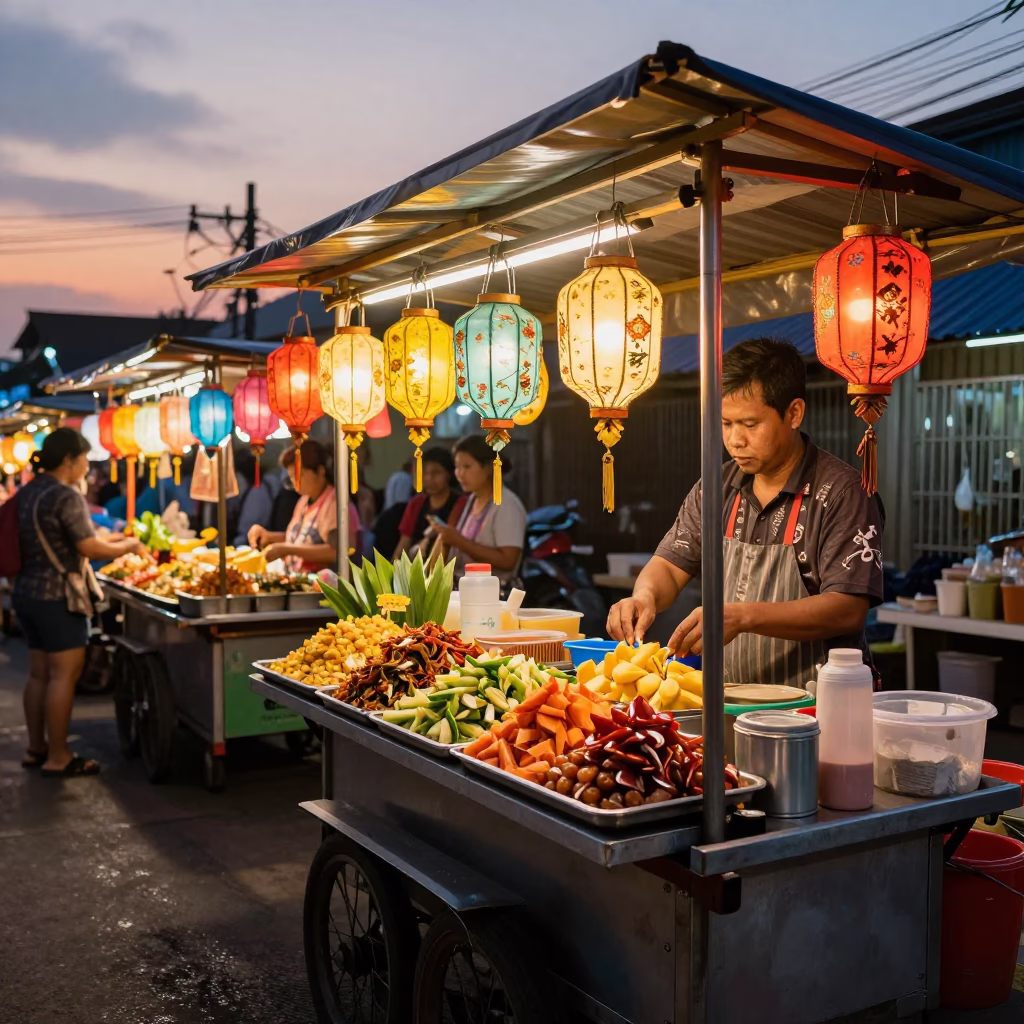 Colorful Bangkok Street Food Stall with Lanterns at Sunset in in Bangkok, Thailand