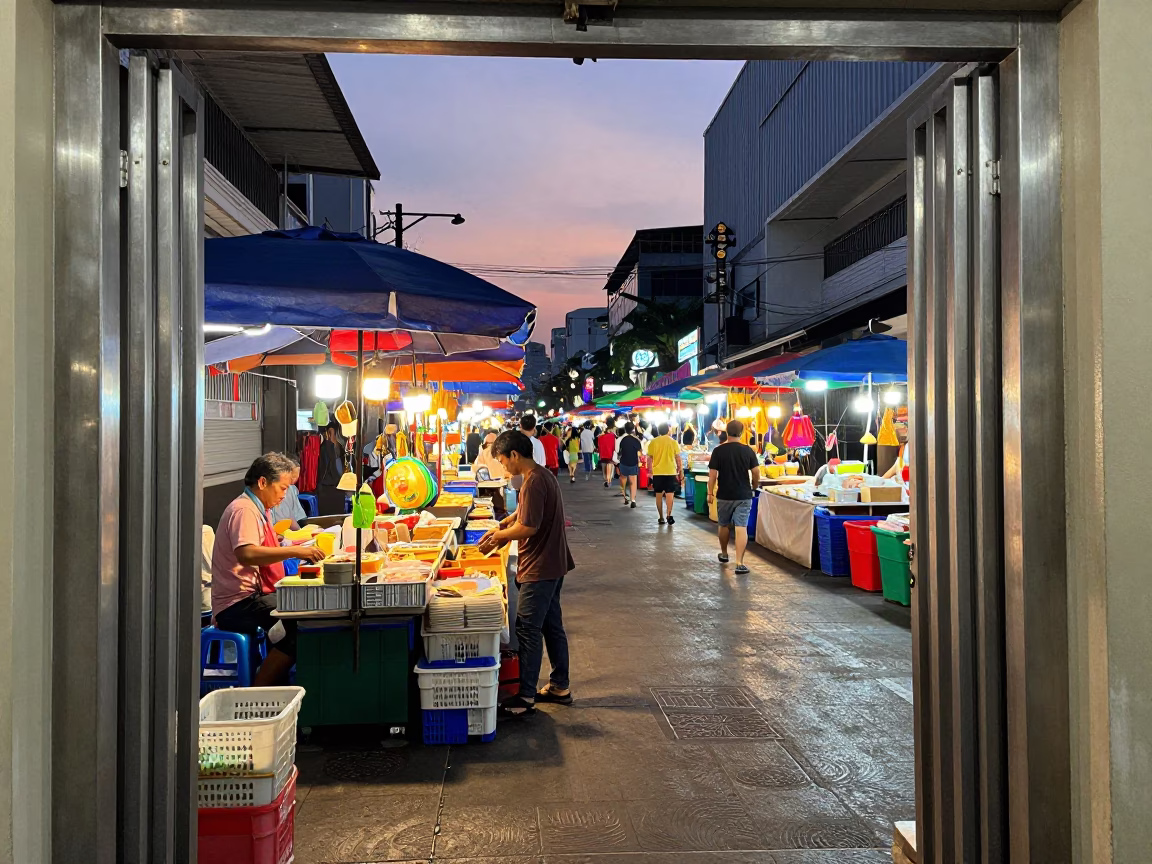 Colorful Bangkok Street Market Evening with Brushed Steel Doorframe and Fresh Onions in in Bangkok, Thailand