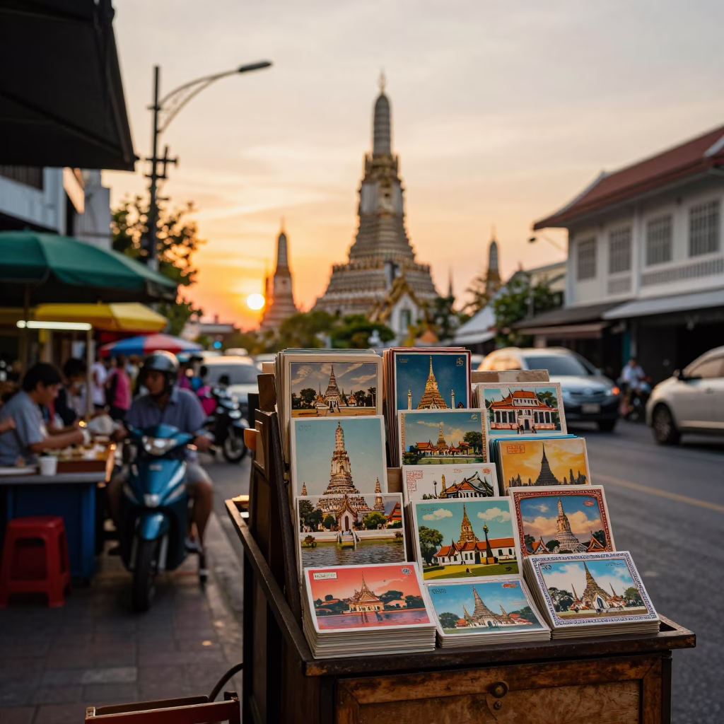 Colorful Bangkok Street Scene at Sunset with Vintage Postcards and Local Interaction in in Bangkok, Thailand