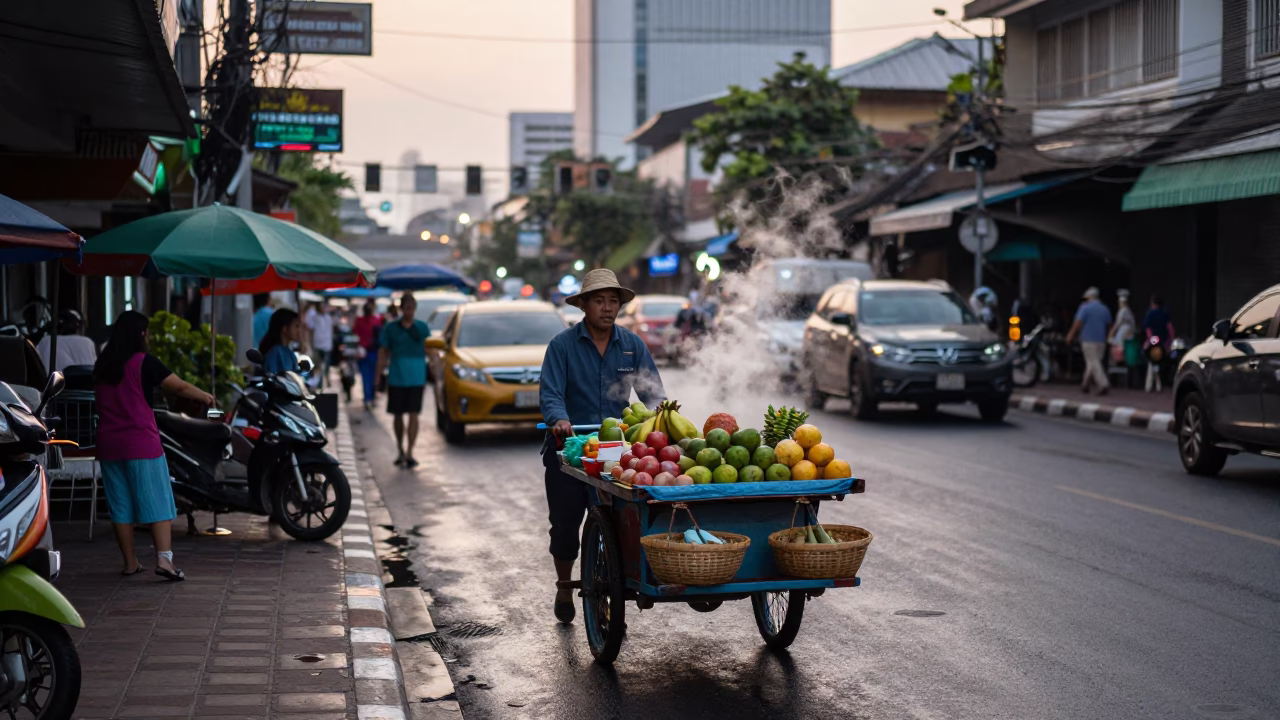 Colorful Bangkok Street Scene Before Sunrise with Vendor Cart and Neon Signs in in Bangkok, Thailand