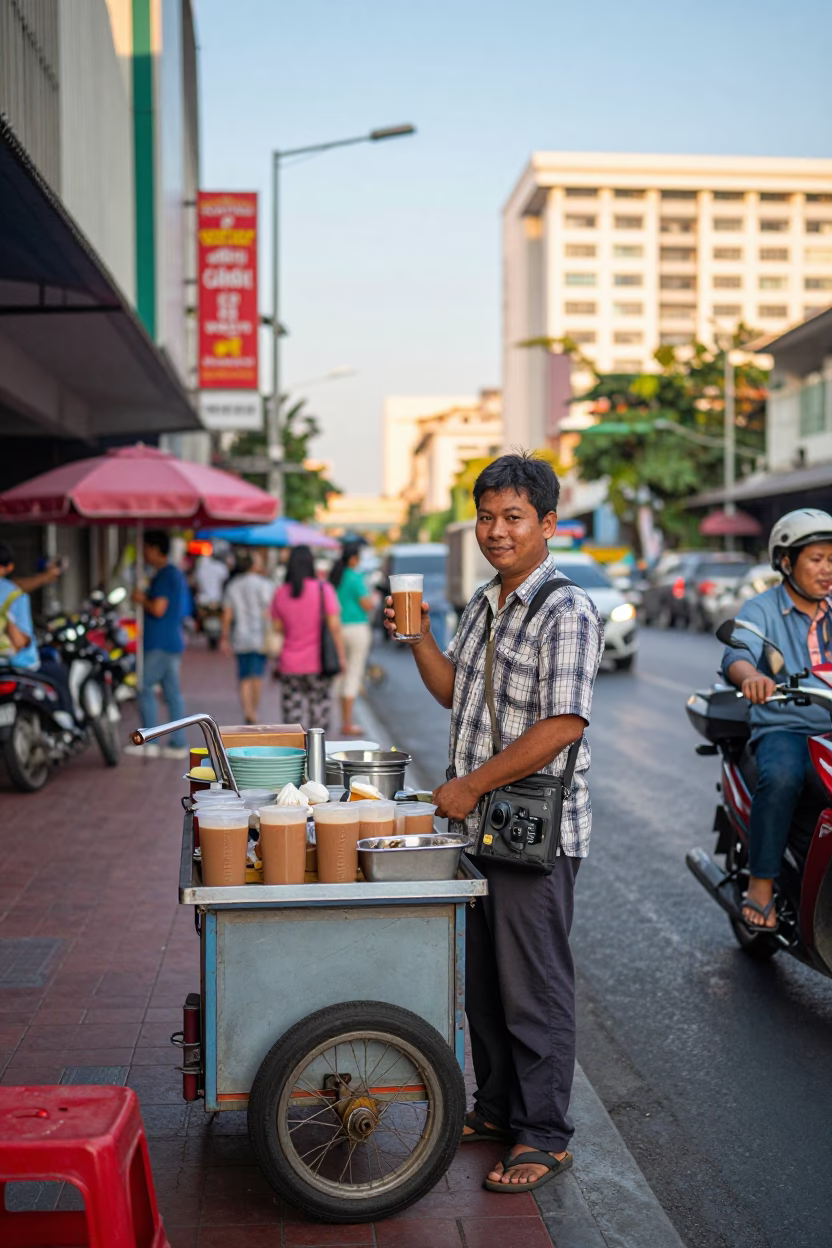 Colorful Bangkok Street Scene Late Afternoon with Chai and Address Book in in Bangkok, Thailand
