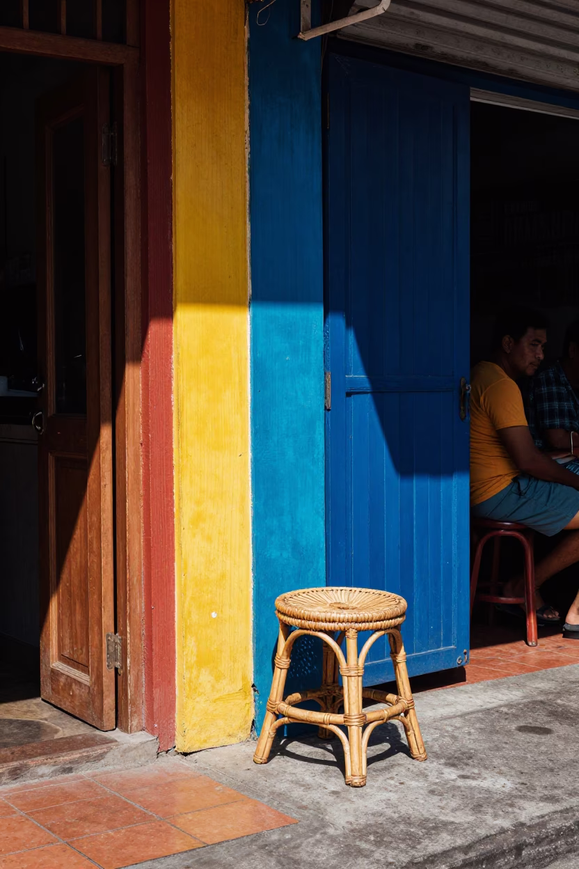 Colorful Bangkok Street Scene Under Noon Sun With Rattan Stool and Broom in in Bangkok, Thailand