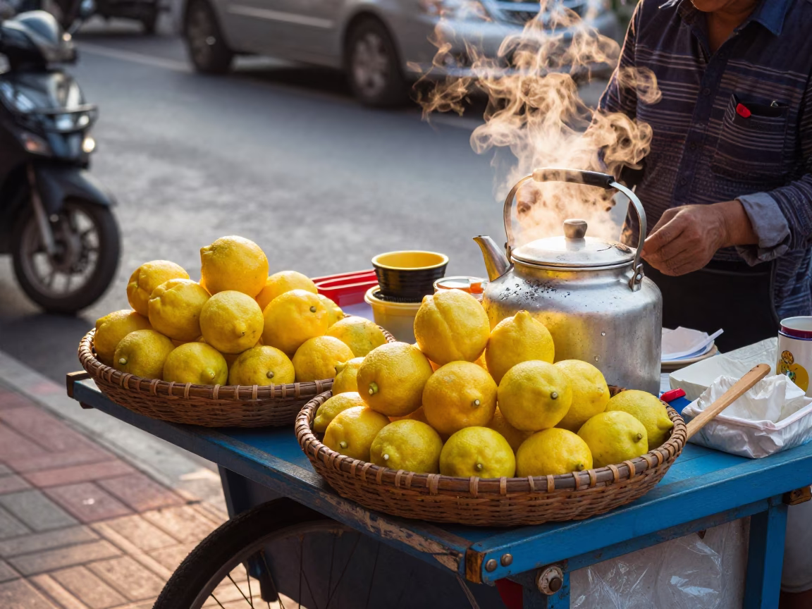 Colorful Bangkok Street Vendor Selling Lemons and Tea at Golden Hour Before Sunset in in Bangkok, Thailand