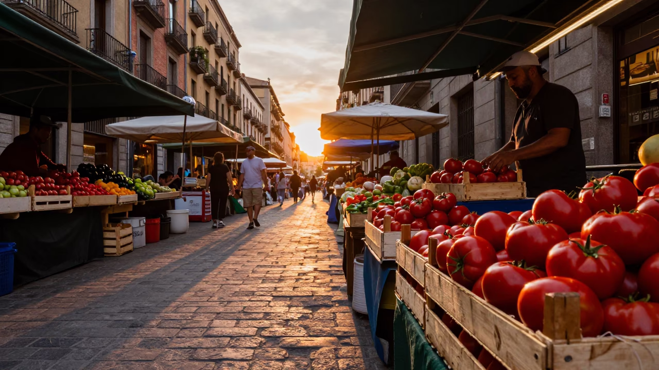 Colorful Barcelona Street Scene with Fresh Tomatoes at Sunset in in Barcelona, Spain