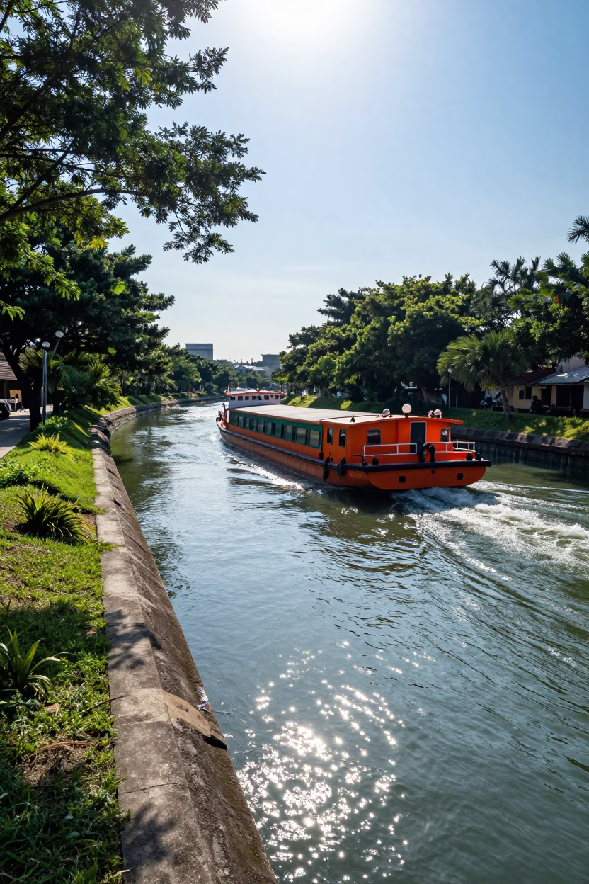 Colorful Barge Navigating Tree-Lined Canal in Kaohsiung Taiwan Under Noon Sunlight in in Kaohsiung, Taiwan