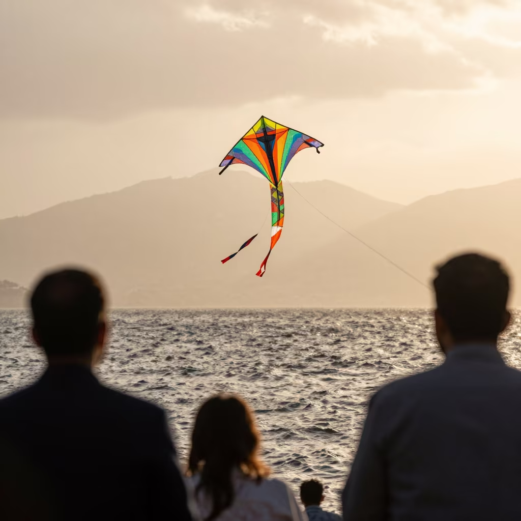 Colorful Basant Kites Float Over Antalya Waterfront in at a waterfront celebration in Antalya