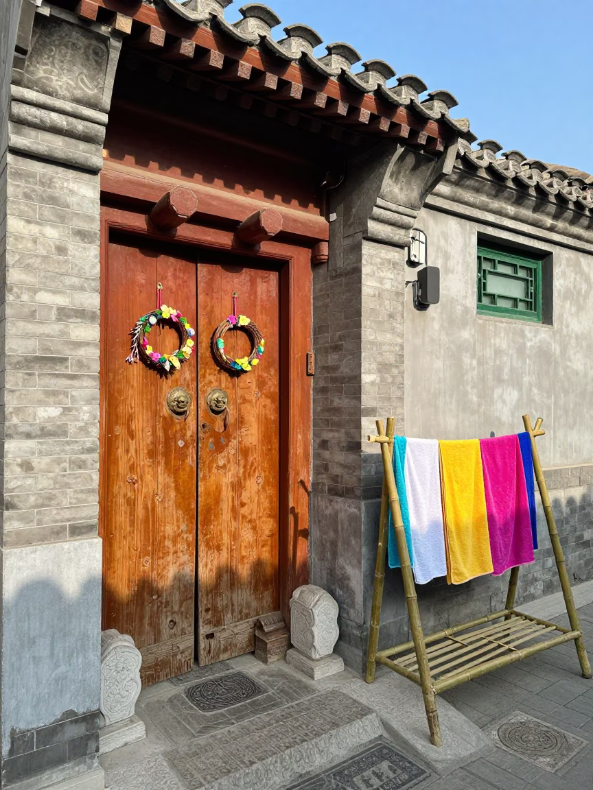 Colorful Beijing Alleyway Door Wreaths Drying Towels Afternoon Sunlight in in Beijing, China