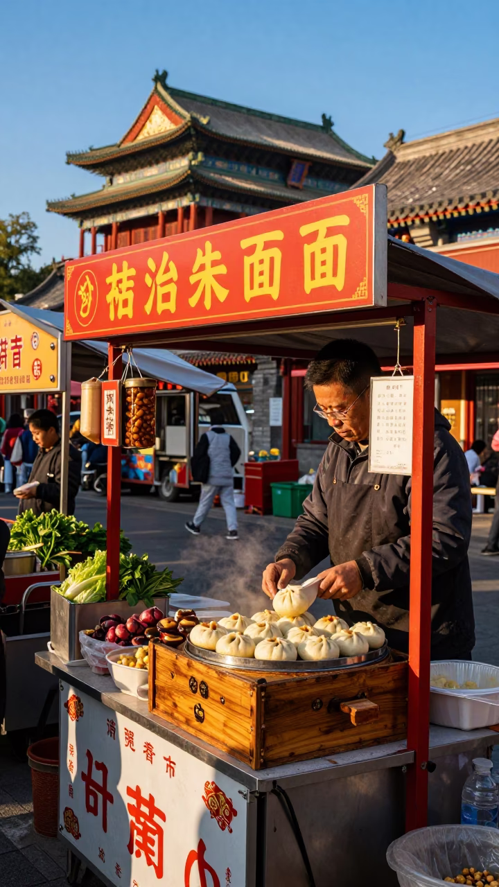 Colorful Beijing Street Stall in Late Afternoon Light with Traditional Breadbox and Rosemary in in Beijing, China