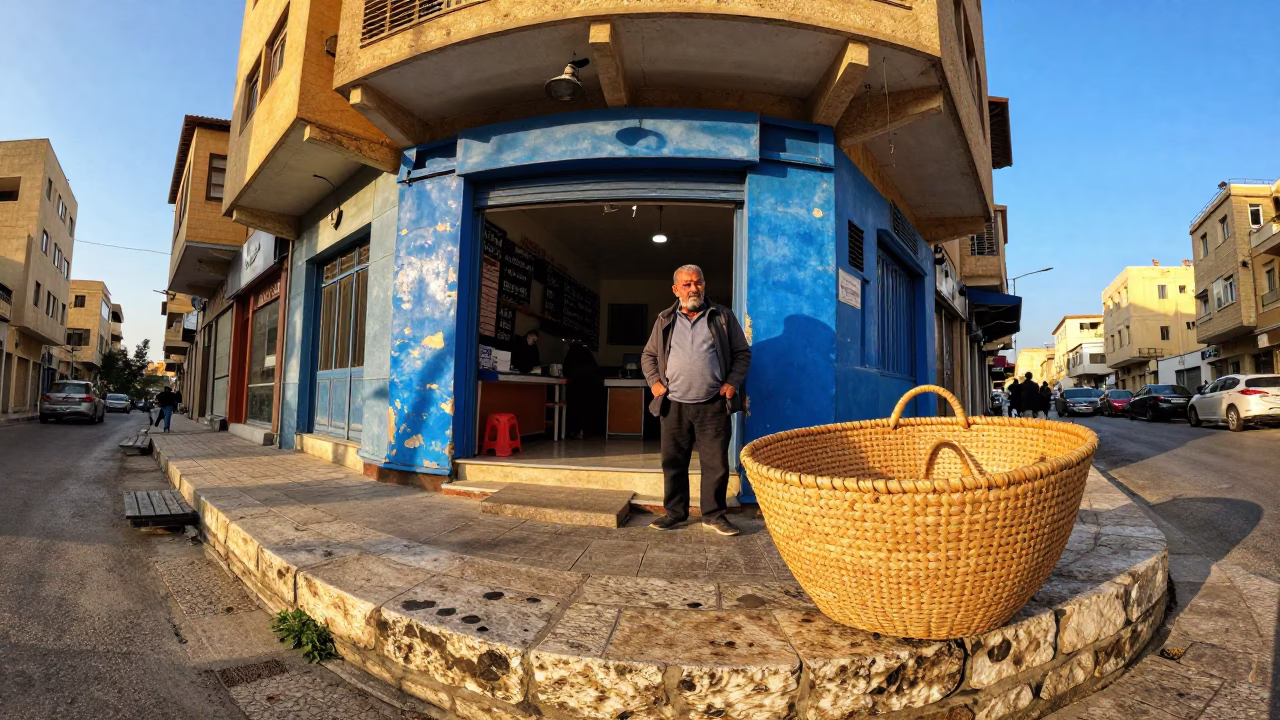 Colorful Beirut Street Corner Late Afternoon Light with Peg Basket and Local Market Activity in in Beirut, Lebanon