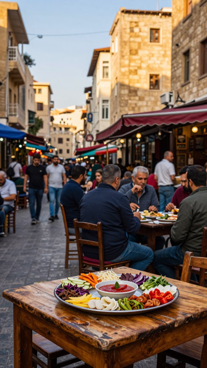 Colorful Beirut Street Scene Late Afternoon Mezze Platter with Hummus and Falafel in in Beirut, Lebanon