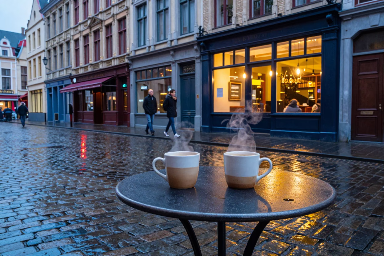 Colorful Belgian Street Scene with Coffee Mugs and Wet Cobblestones in Brussels Early Evening in in Brussels, Belgium