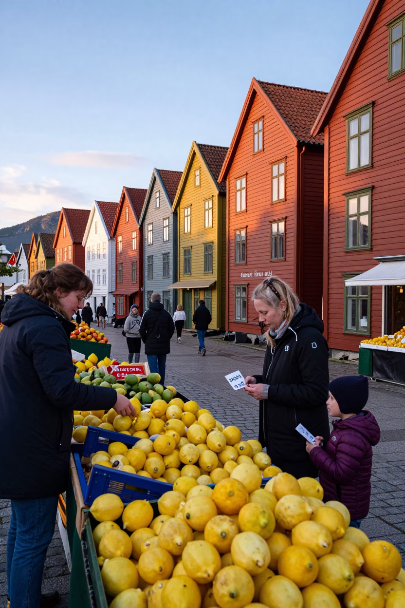 Colorful Bergen Norway Evening Market Scene with Lemons and Local Interaction in in Bergen, Norway