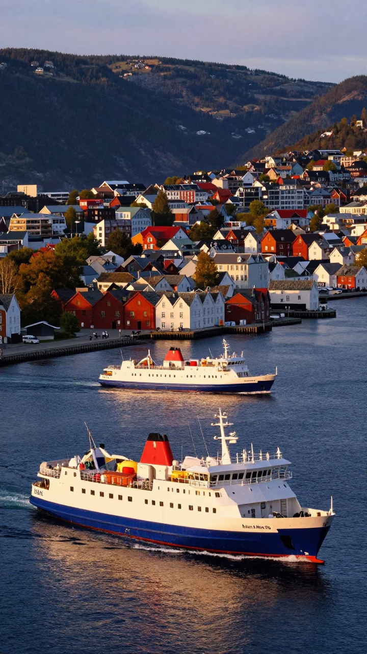 Colorful Bergen Norway Late Afternoon Fjord Ferry and Research Vessel Landscape in in Bergen, Norway