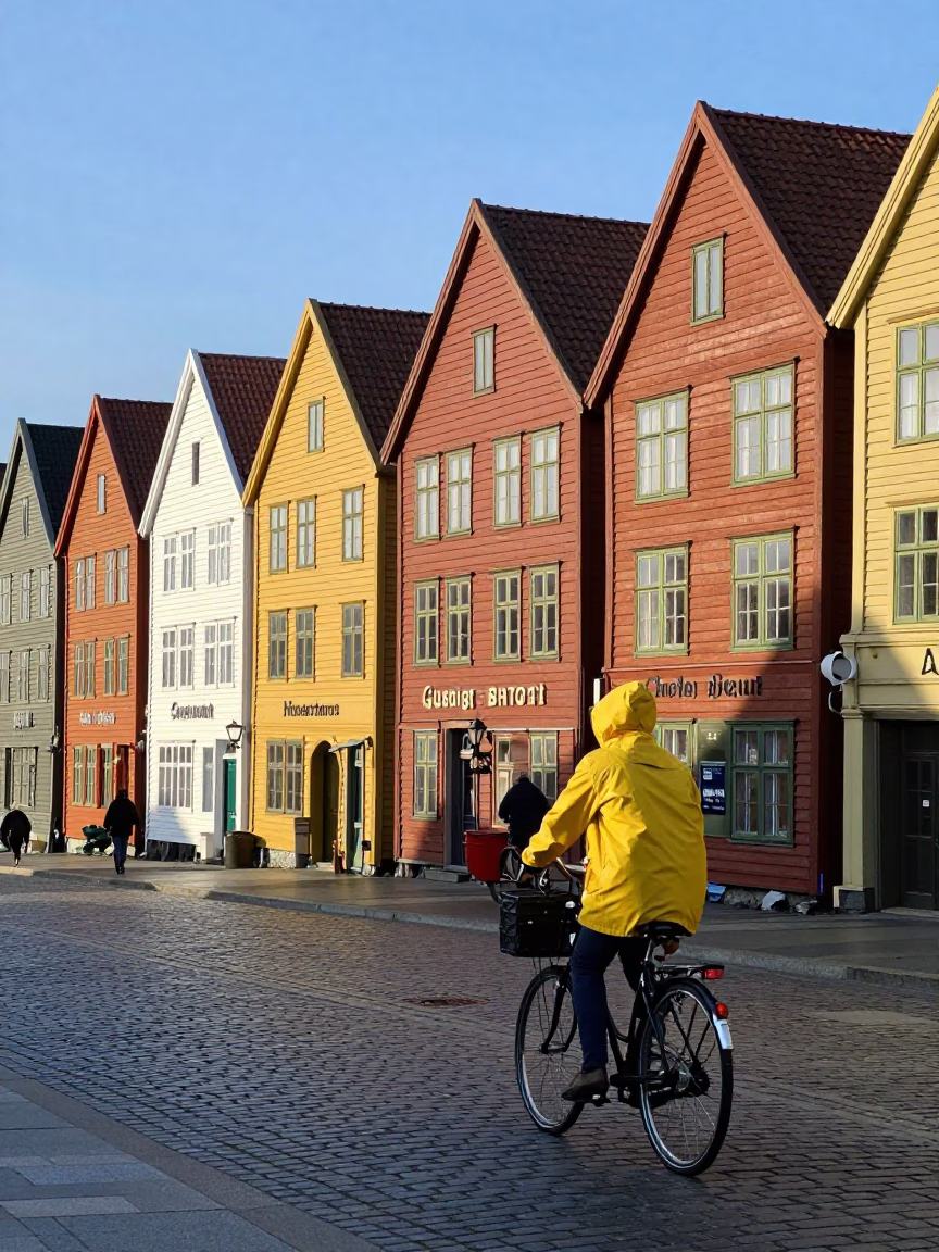 Colorful Bergen Norway Late Afternoon Street Scene with Bicycle and Traditional Houses in in Bergen, Norway
