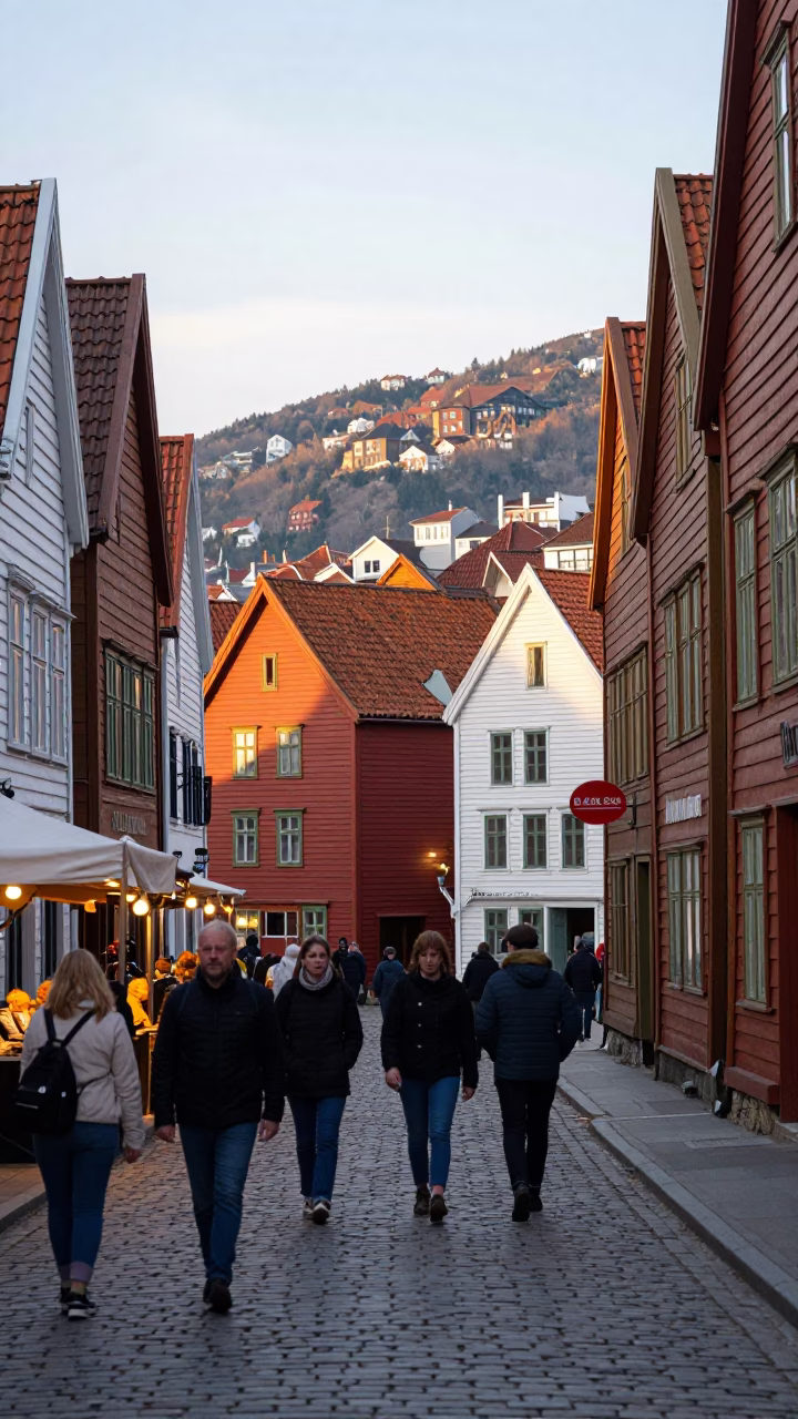 Colorful Bergen Norway Late Afternoon Street Scene with Local Market Activity in in Bergen, Norway
