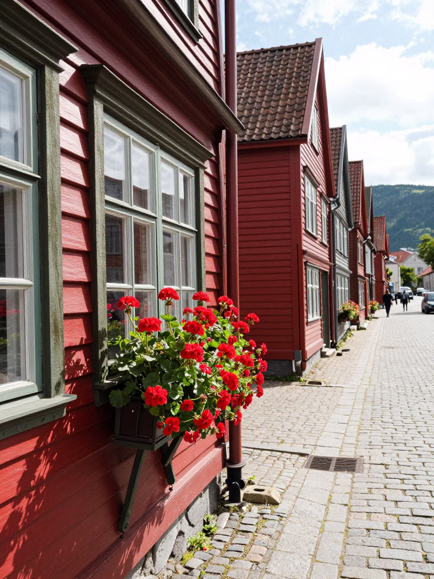 Colorful Bergen Norway Midmorning Street Scene with Geraniums and Urban Details in in Bergen, Norway