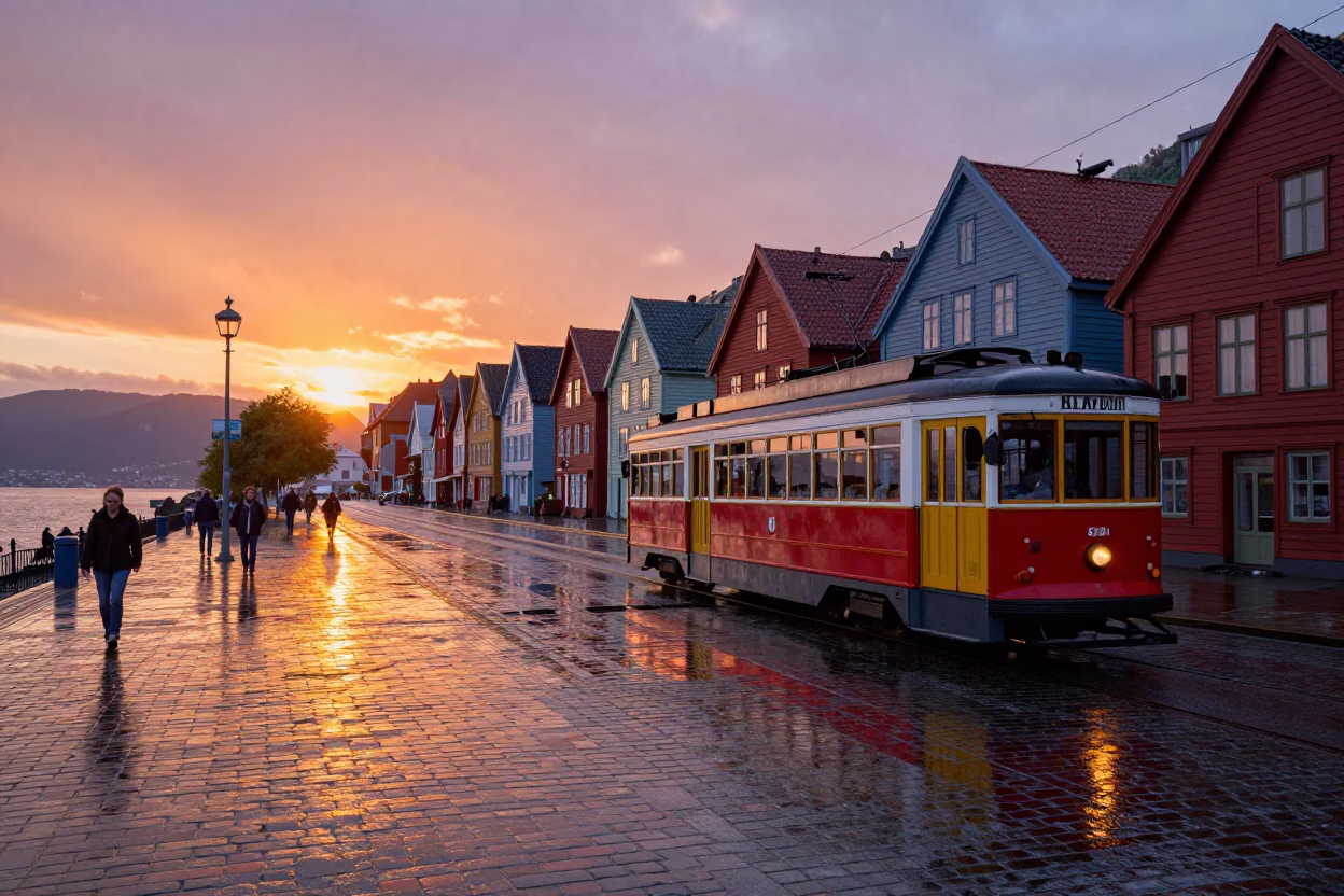 Colorful Bergen Norway Street Scene at Sunset with Heritage Tram and Rain-Swept Promenade in in Bergen, Norway